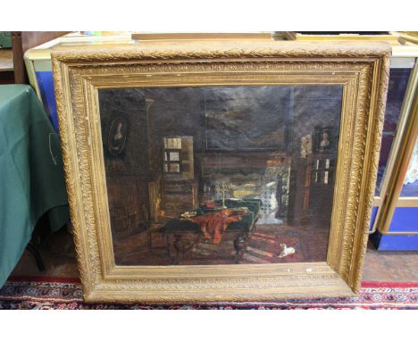    Henry (?) Simpson Room interior with large table by a fireplace, a staircase beyond, signed Henry (?) Simpson and dated 18