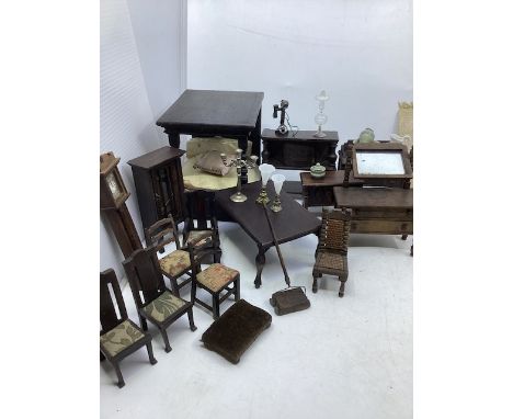 Antique dolls House furniture to include Elgin Enfield pieces 1920s onwards and accessories and Elgin grandfather clock and a