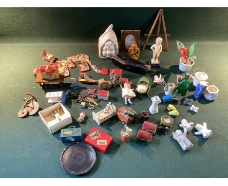 Antique and Vintage dolls house Nursery and other pieces for dolls house decorations to include tiny cot and peg doll and a s
