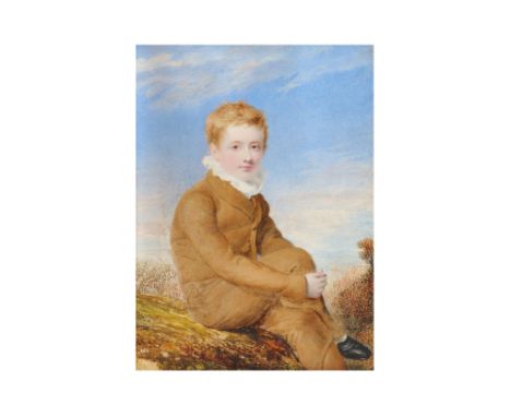 CIRCLE OF WILLIAM EGLEY (BRITISH 1798-1870)
Portrait miniature of a Boy called Master William Bailey, seated on a grassy moun