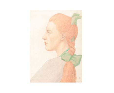 THOMAS CAPEL WALTON SMITH (BRITISH exh. 1922-1938)
Portrait of a girl, in profile, with red hair tied with green bows and wea
