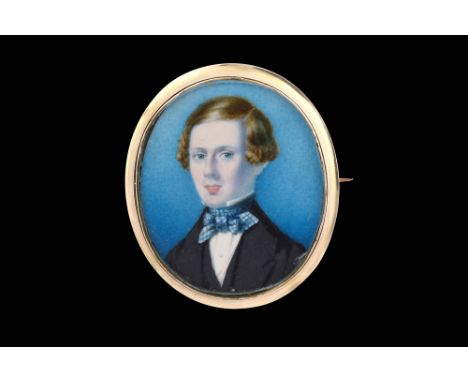 ENGLISH SCHOOL (1846)
Portrait miniature of a Gentleman, wearing black coat, white shirt and tied checked cravat
Watercolour 