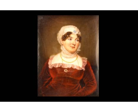 ATTRIBUTED TO JAMES LEAKEY (BRITISH 1775-1865)

Portrait miniature of a Lady, wearing red velvet dress trimmed with lace, a j