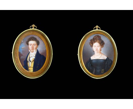 CONTINENTAL SCHOOL (CIRCA 1830)
A pair of portrait miniatures of a Lady and Gentleman by the same hand: she wearing black dre