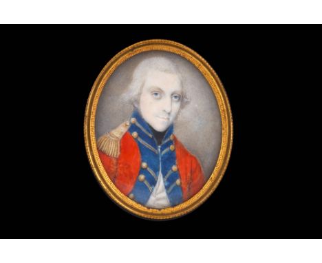 ENGLISH SCHOOL (circa 1800)
Portrait miniature of an Officer, wearing red coatee with blue facings and collar and gold button
