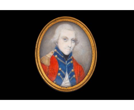 ENGLISH SCHOOL (circa 1800)
Portrait miniature of an Officer, wearing red coatee with blue facings and collar and gold button