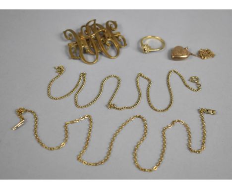 A Small Collection of Yellow Metal Jewellery to Comprise Monogram Brooch, Chains, Ring, 9ct Gold Heart Locket etc 