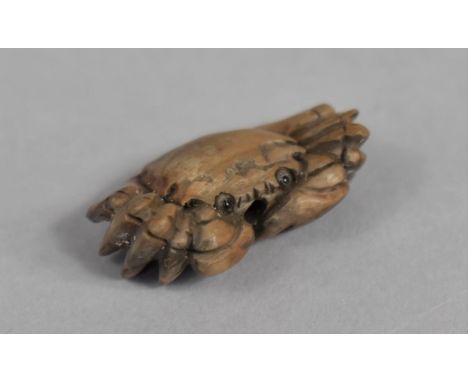 A Small Japanese Carved Wooden Netsuke in the form of a Crab, Signed 