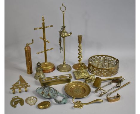A Collection of Brassware to Comprise Bedchamber Stick, Bell, Fire Irons etc 