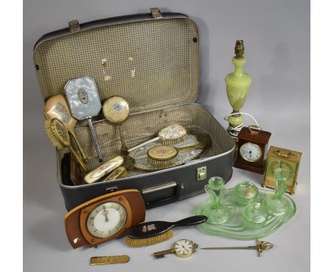 A Vintage Travel Case Containing Various Dressing Table items, Turned Onyx Lamp, Metamec Clock etc 