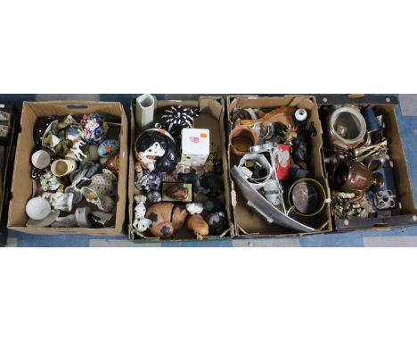 Four Boxes of Sundries to Include Ceramic Ornaments, Animal Ornaments, Metalwares, Novelty Storage Jars 