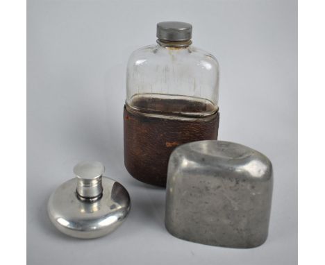 A Vintage Leather, Glass and Silver Plate Hiplask Together with a Modern British Nobleman Pewter Circular Flask 