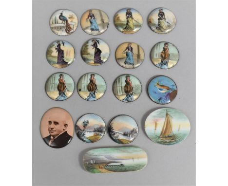 A Collection of Various 19th/20th Century Circular Metal and Ceramic Enamelled Disc and Button Tops with Various Figural and 