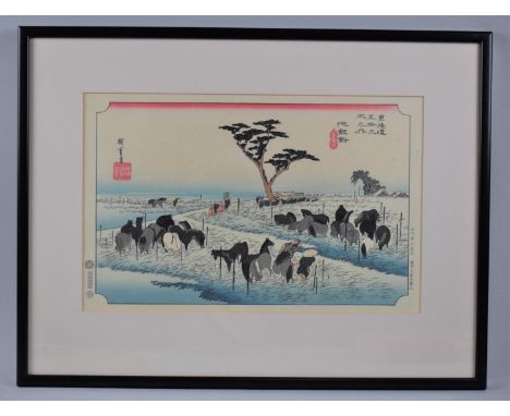 A Framed Japanese Woodblock Print, "Chiryu-A Horse Fair", After Hiroshige, 37x24cm 