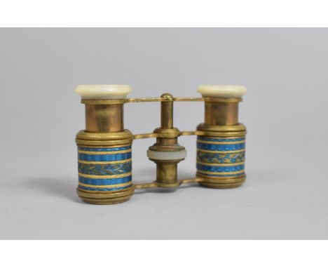 A Pair of Small Ladies Opera Glasses in Brass with Blue Enamel Decoration with Mother of Pearl Eye Pieces 
