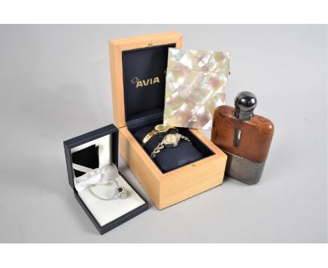 A Vintage Hip Flask, Costume Jewellery and Two Wrist Watches and a Mother of Pearl Card Case (AF) 