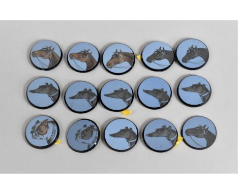 A Set of Sixteen Circular Button Heads Decorated with Greyhounds and Race Horses 