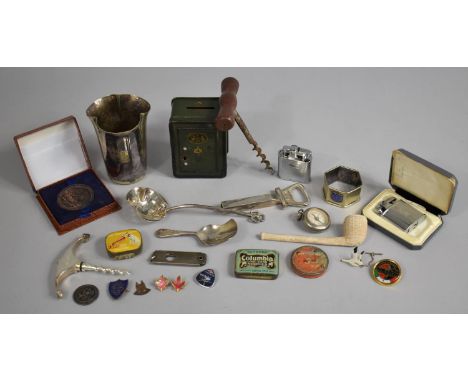 A Collection of Various Curios to Comprise Gramophone Needle Tins, Enamelled Studs, Corkscrews, Lighters, Compass etc 