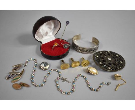 A Small Collection of Jewellery to Comprise Silver and Amber Ring, Buckle, Cufflinks, Silver Bangle, Cufflinks, Stick Pin, En