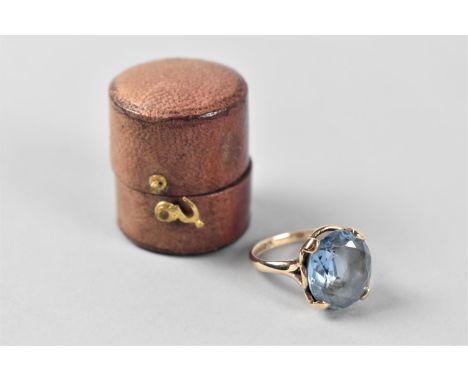 A 9ct Gold Oval Cut Aquamarine? Blue Stone Ring in Four Claw Setting, Stone Approx 5.3ct 