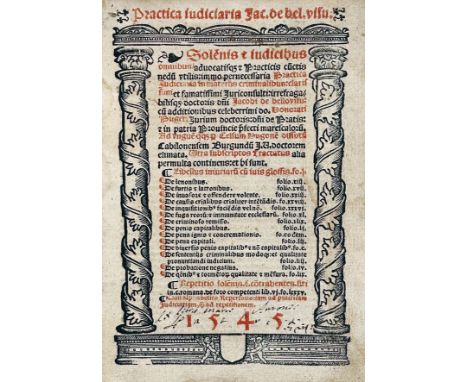MANUSCRIPT BINDING -- BELVISO Jac. de. Practica iudiciaria (in criminalibus). (N.pl., no printer), 1545. (12), 112 lvs. Ti. p