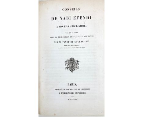 NABI EFENDI. Conseils a son fils Aboul Khair. Publiés en Turc avec la trad. française et des notes par (A.) Pavet de Courteil