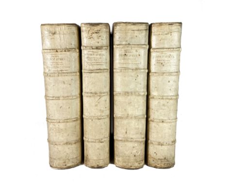 CUJACIUS, J. Opera omnia. Studio A. Scot. Lyon, J. Pillehotte, 1614. 4 vols. Fol. Cont. blind tooled vellum w. raised bands. 