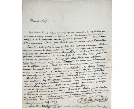 SWINDEN, Jan Hendrik v., (1746-1823). Letter in Dutch to his cousin Caspar Reuvens, Amsterdam 3(0?) July 1819. 1 fold. leaf, 