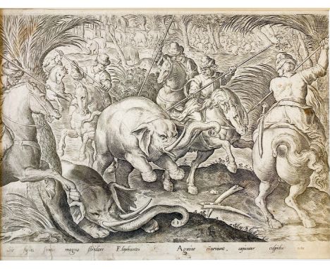 STRADANUS, Giovanni (Jan v.d. Straet), (1523-1605). (Elephant Hunt). (Antwerp, 1578). Engr. by Ph. Galle w. engr. caption in 