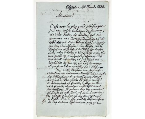 THUNBERG, Carl Peter (1743-1828). Letter in French to 'Monsieur' (probably Caspar Georg Carl Reinwardt (1773-1854), at the ti