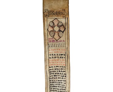 ETHIOPIAN (MAGIC HEALING?) SCROLL on goat skin, consisting of 2 pieces sown together. Length 114 cm., width ± 8 cm. Text and 