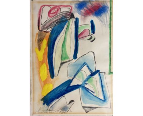 LUCEBERT. (Abstract drawing). 1986. Or. drawing in water colour, chalk, pencil and gouache. Signed and dated in pencil in lef