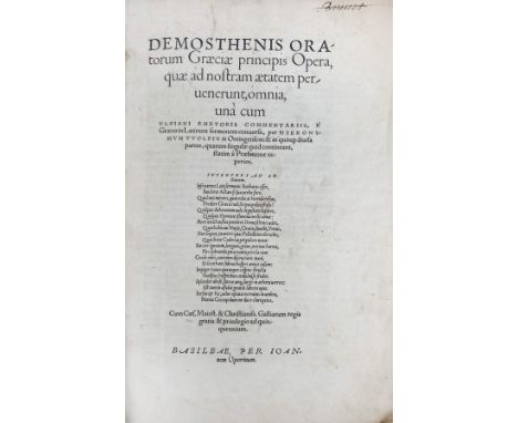 DEMOSTHENES. Opera (...) omnia. Basel, J. Oporinus, (1549). 5 parts in 2 vols. (16), 144; 283; 192 pp.; (30 pp.), blank leaf;
