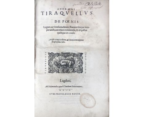 TIRAQUELLUS, A. De poenis legum (…). Lyon, Cl. Senneton, 1559. (28), 285, (39) pp. - Bound with: Id. De privilegiis piae caus