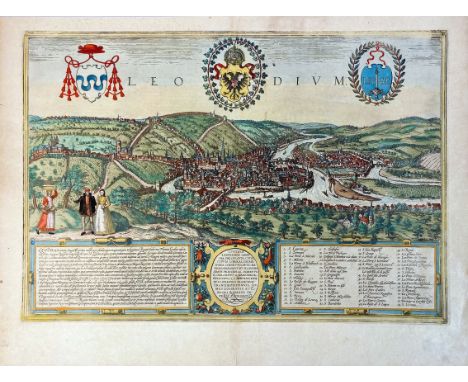 BELGIUM -- "LEODIUM/LIEGE". (Cologne, Braun &amp; Hogenberg, 1574). Engr. cold. by hand. 335 x 484 mm. (Browned, outer right 