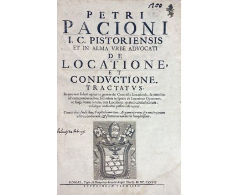 PACIONI, P. De locatione et conductione. Tractatus, in quo non solum agitur in genere de Contractu locationis, &amp; omnibus 