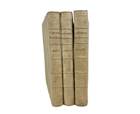 HUBER, U. Praelectionum juris civilis. Frankf., (etc.), J.F. Gleditsch, 1749. In 3 vols. (16), 1590 pp., 'index rerum'. W. en