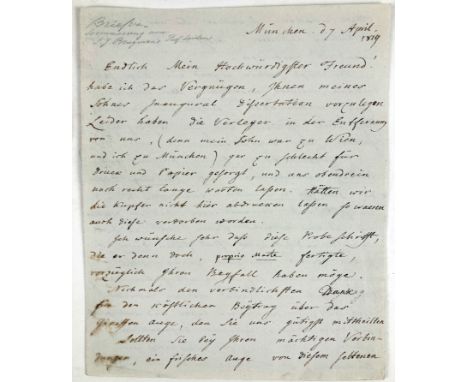 SÖMMERRING, Samuel Thomas v. (1755-1830). Letter in German to Sebald Justinus Brugmans (1763-1819), München, 7 April 1819. 1 