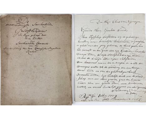 DEKEN, Agatha Pieters (Aagje), (1741-1804). Letter in Dutch to Elias van Nymegen, (De) Rijp, 3 Oct. 1779. 1 fold. leaf, r° on