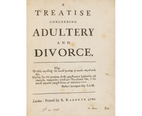 Divorce.- Treatise Concerning Adultery and Divorce (A), first edition, woodcut initial, occasional spotting, ink inscription 