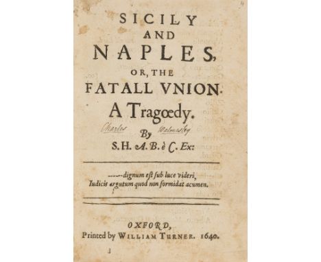 H[arding] (S[amuel]) Sicily and Naples, or the Fatall Union, a Tragedy, first edition, woodcut initials, head- and tail-piece