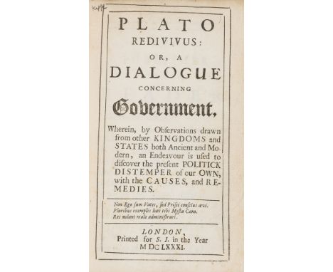 [Neville (Henry)] Plato Redivivus; or, A Dialogue concerning Government, first edition, title within double-rule border with 