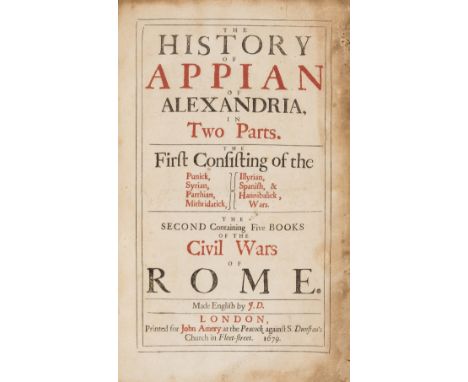 Appian, of Alexandria. The History of Appian of Alexandria... made English by J[ohn] D[avies], 2 parts in 1 vol., first editi