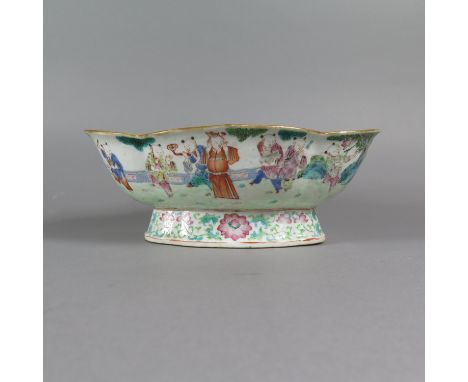 Chinese Guangxu period porcelain footed compote with decoration in famille rose enamels of boys playing and koi fish.  Dimens