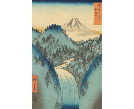 Group of ten Japanese late 19th-early 20th century woodblock prints: "The Mountains of Izu," by Utagawa Hiroshige; "Annaka, S