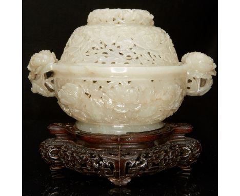 An incredible 18th c. Chinese reticulated jade censer, well carved and thoroughly pierced. The carving and decoration make th