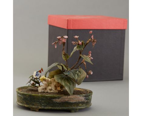 A lovely and rather early Chinese Jade plant made of jade and other precious and semi precious stones like tourmaline. The bo