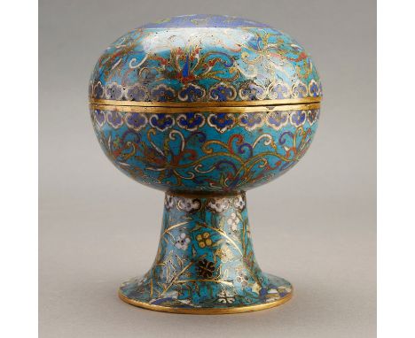 A very fine quality of Qing Chinese cloisonne in the form of a hat stand with a removable top, which reveals a small bowl sha