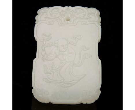 An excellent early Qing Chinese white jade carving in the form of a pendant. The subtle relief carving is of the best quality