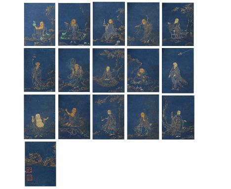 19th century (Qing) Chinese set of album paintings. Each leaf depicts a scholar or immortal, with gilding and color on blue p